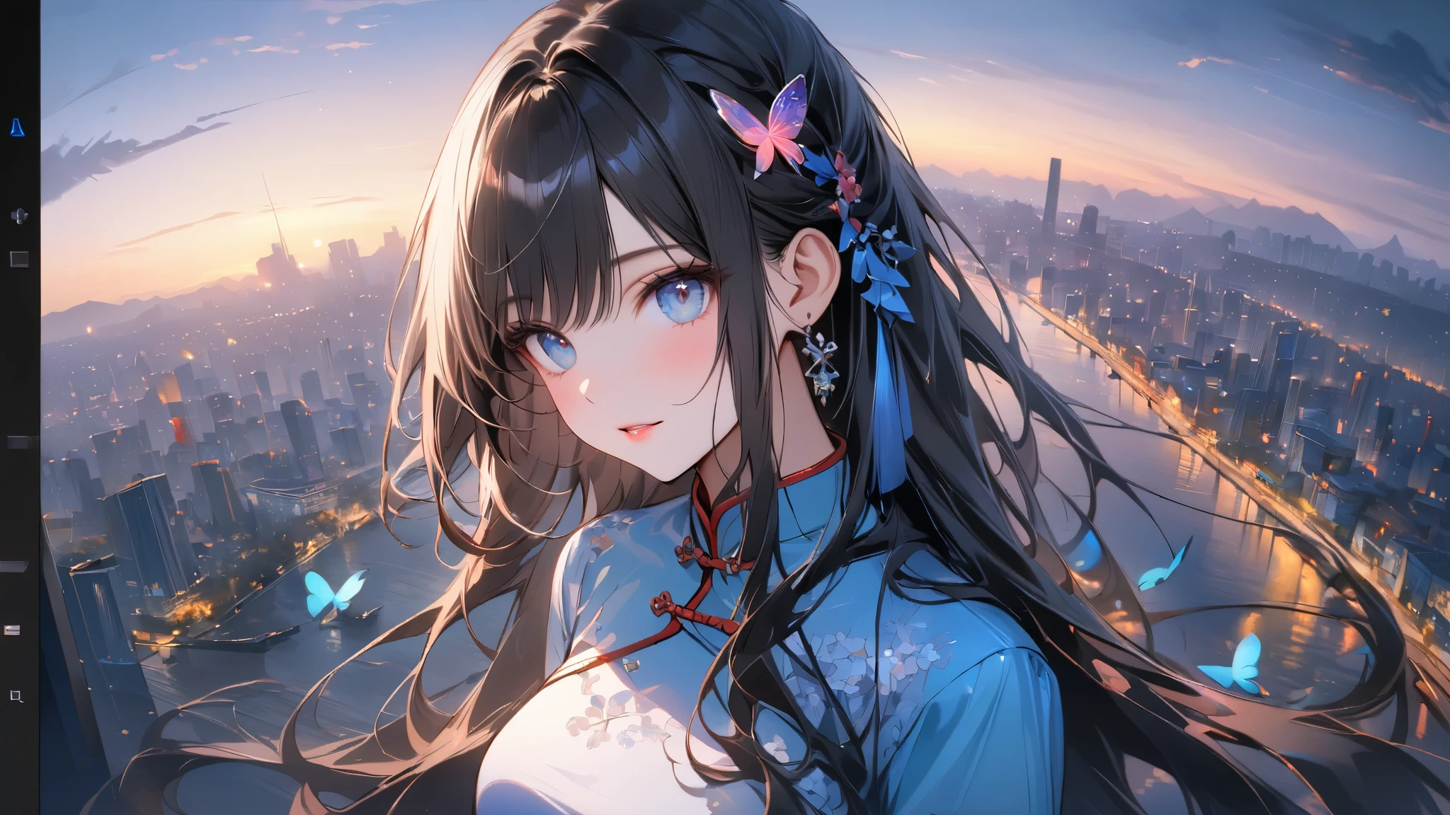 beautiful detailed eyes, beautiful detailed lips, extremely detailed eyes and face, longeyelashes, 1girl, ao dai, Nón Lá, pale sky blue color, cute, black hair, long hair, butterflies flying around, vietnam cityscape background, wallpaper, best quality, 4k, 8k, highres, masterpiece:1.2, ultra-detailed,  HDR, UHD, studio lighting, ultra-fine painting, sharp focus, physically-based rendering, extreme detail description, professional, vivid colors, bokeh