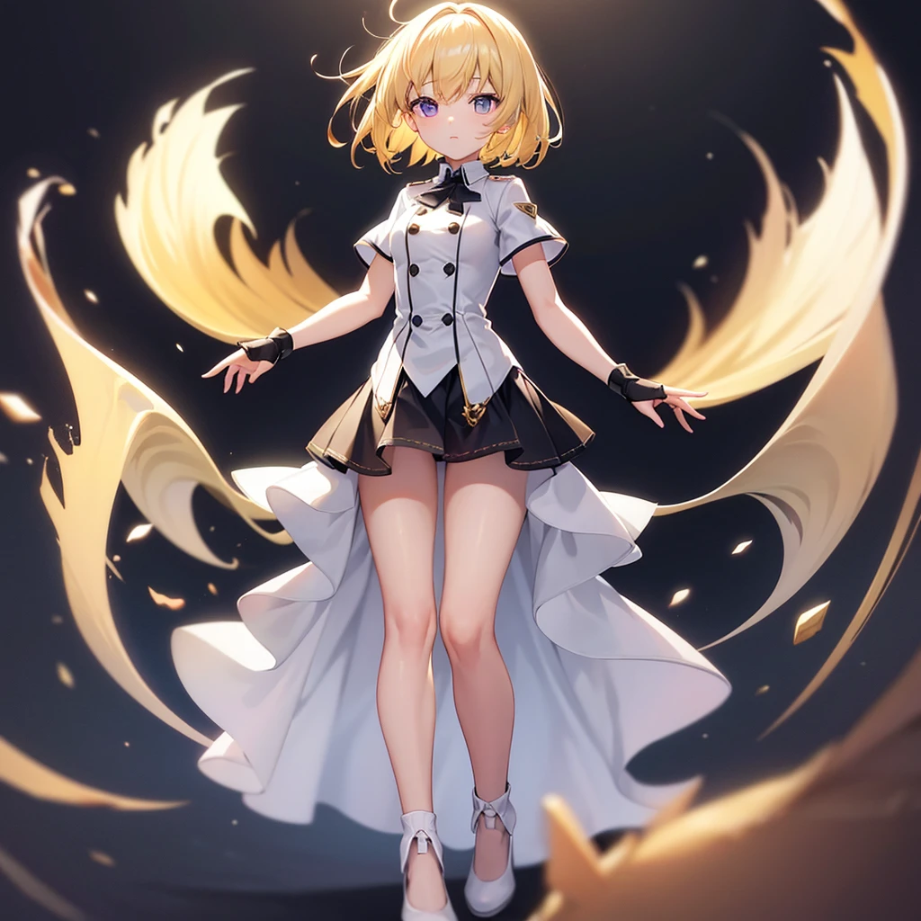 ((White leather shoes)),Cute ,Tiny ,Small ,Childish face, Very fine clean face,Top quality, Big eyes,Straight Hair,Yellow hair,Crimson Eye,(Dark Room), Subtle light, Natural light,Soft lighting,Light from directly behind, (Are standing), Cute pose, (Open your hands), Showing the whole body,Front view,Black background