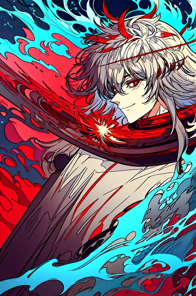 generate a gray haired boy with short fluffy hair and deep red eyes, holding a glittering red sphere. he wears a dolman-style oversized tunic that fits snugly around the top but flows loosely towards the ends. he puts on a sly smile. he's surrounded by red spider lilies.