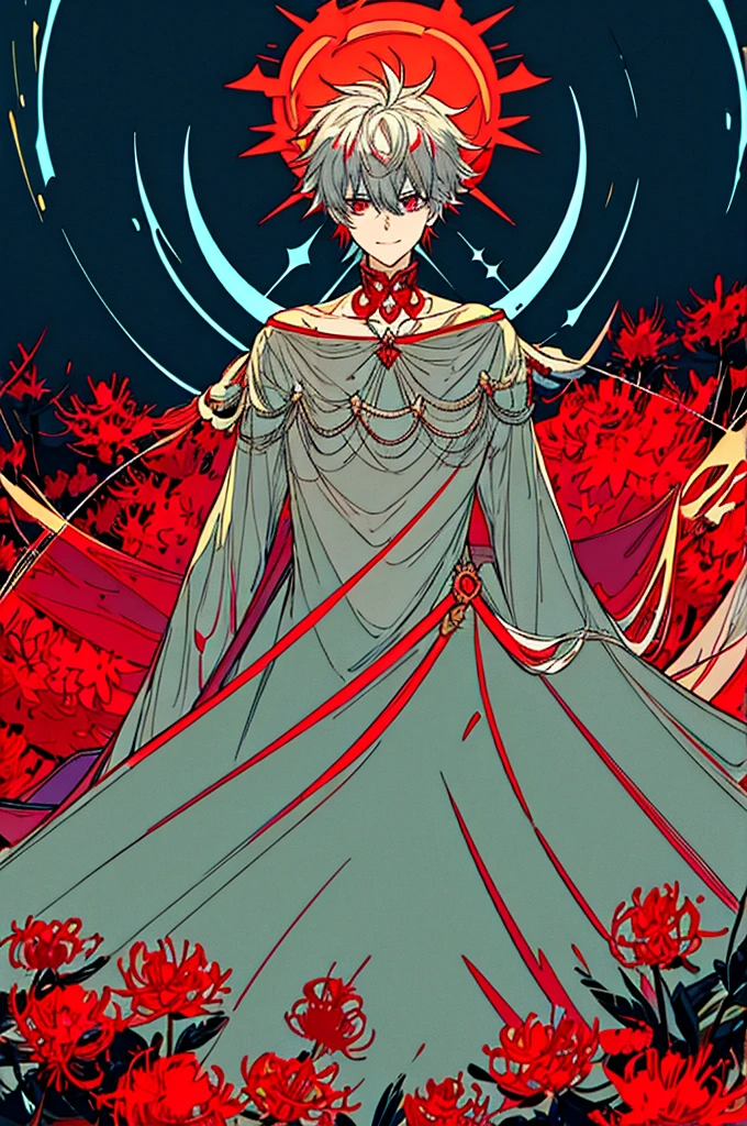 generate a gray haired boy with short fluffy hair and deep red eyes, holding a glittering red sphere. he wears a dolman-style oversized tunic that fits snugly around the top but flows loosely towards the ends. he puts on a sly smile. he's surrounded by red spider lilies.