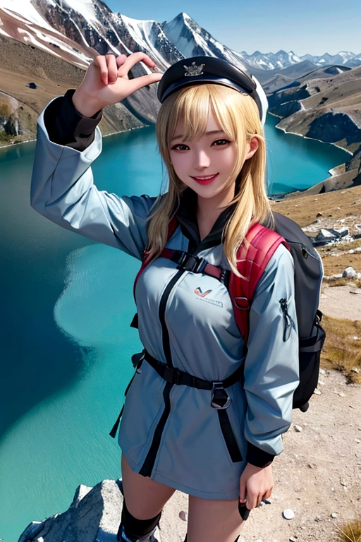 masterpiece, 8K, 4K, wallpaper, ultra detail, 1girl, blonde, Mountaineering, Selfie, cap, spring, Small breasts, smile, Big backpack, stock, Mountaineering服, mountains, Valley, river,