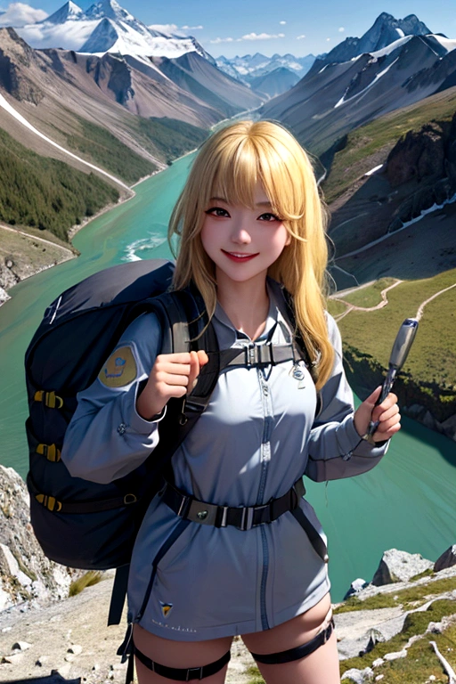 masterpiece, 8K, 4K, wallpaper, ultra detail, 1girl, blonde, Mountaineering, Selfie, cap, spring, Small breasts, smile, Big backpack, stock, Mountaineering服, mountains, Valley, river,