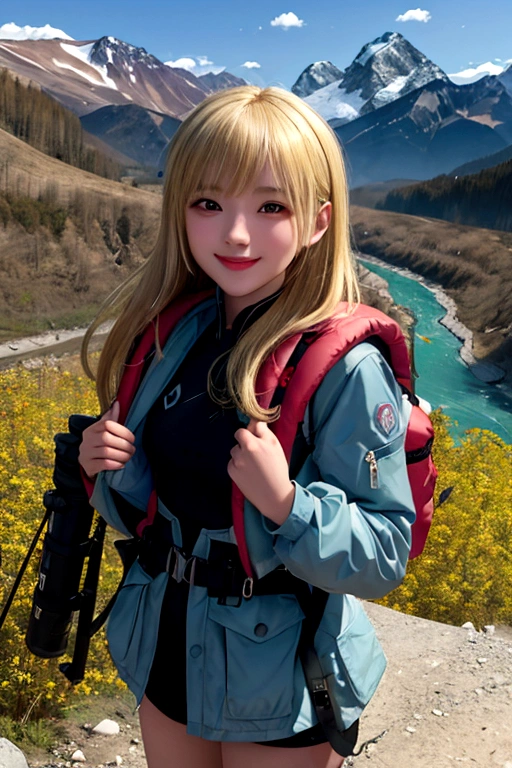 masterpiece, 8K, 4K, wallpaper, ultra detail, 1girl, blonde, Mountaineering, Selfie, cap, spring, Small breasts, smile, Big backpack, stock, Mountaineering服, mountains, Valley, river, 