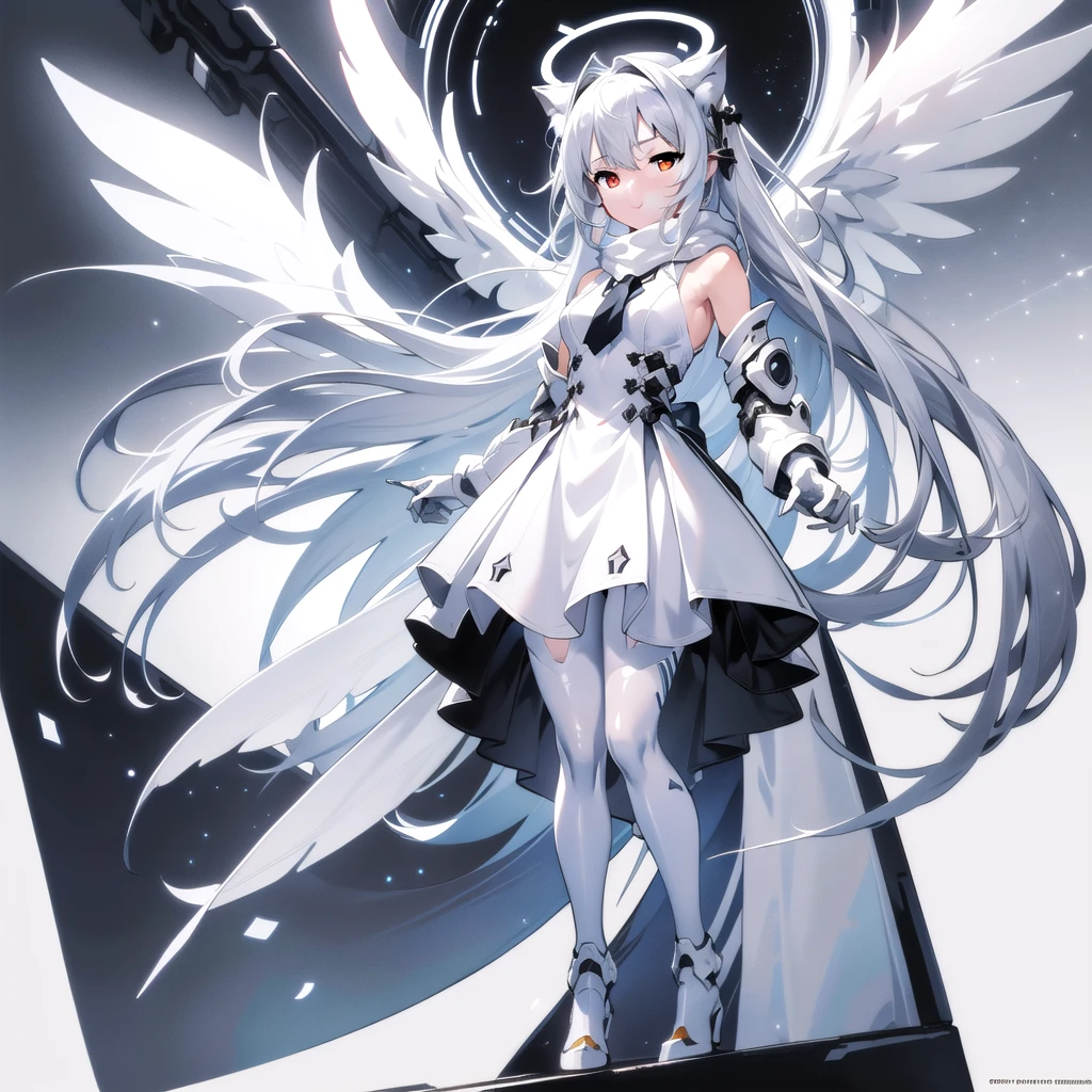 masterpiece, highest quality, highest resolution, clear_image, detailed details, White hair, long hair, cat ears, 1 girl, red eyes, white pantyhose, white sci-fi dress, white scarf (white scarf around the neckwith a light blue glow), gray futuristic halo (gray halo over the head), white wings (4 wings), cute, full body, no water marks, outer space