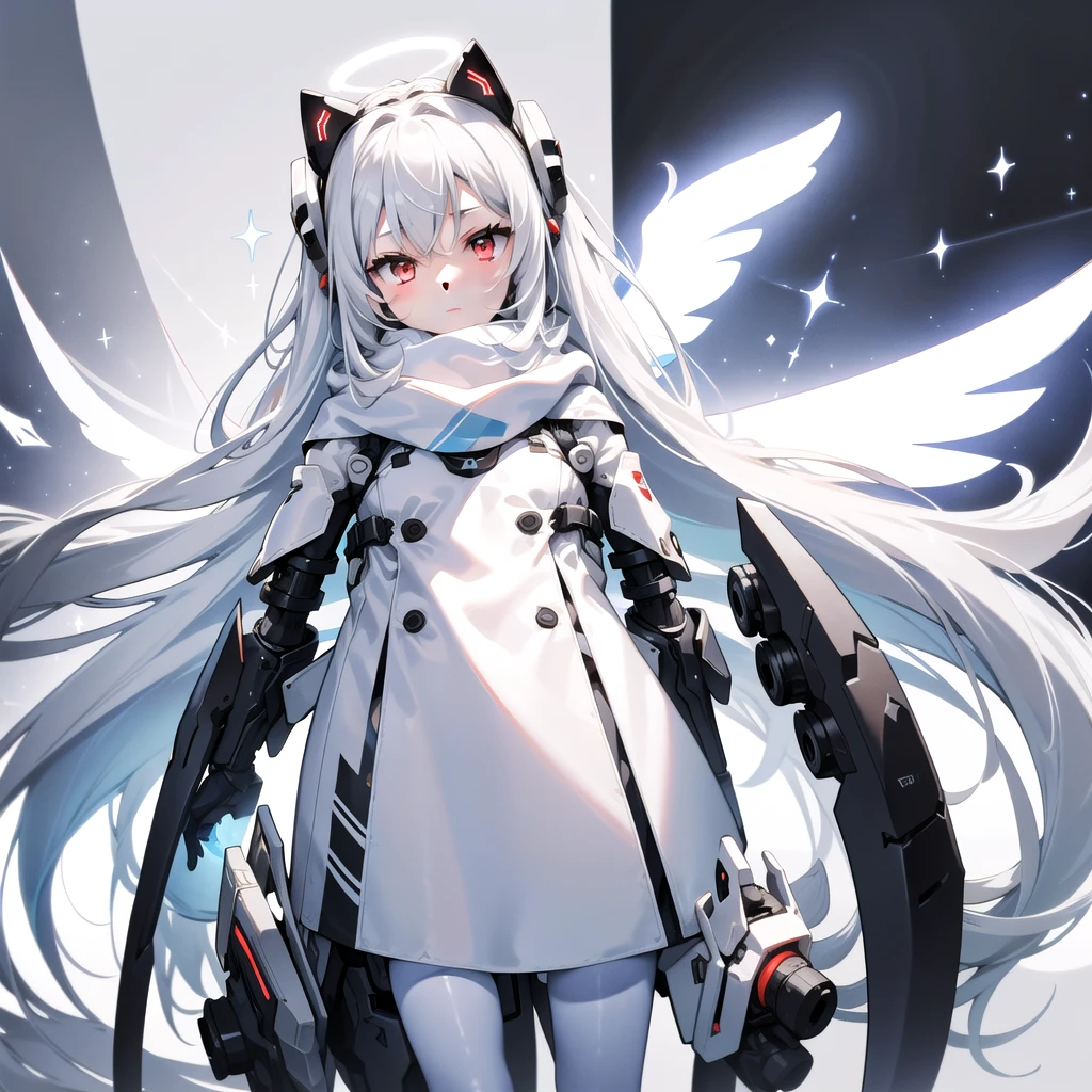 masterpiece, highest quality, highest resolution, clear_image, detailed details, White hair, long hair, cat ears, 1 girl, red eyes, white pantyhose, white sci-fi dress, white scarf (white scarf around the neckwith a light blue glow), gray futuristic halo (gray halo over the head), white wings (4 wings), cute, full body, no water marks, outer space