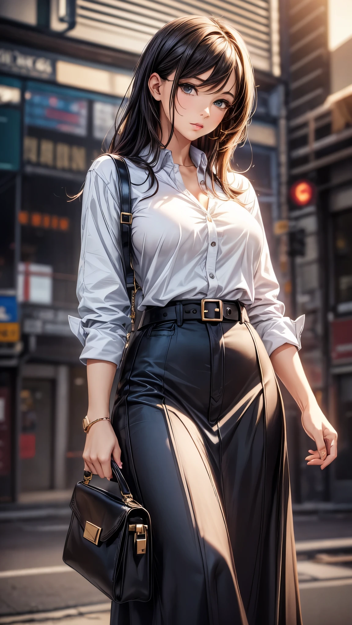 a woman in her 30s,office casual style,white blouse,black belt,long skirt,pumps,shoulder bag,detailed face,beautiful eyes,detailed nose and lips,natural lighting,realistic,photorealistic,HDR,studio lighting,extremely detailed,highly detailed,intricate,masterpiece,cinematic,warm color tones