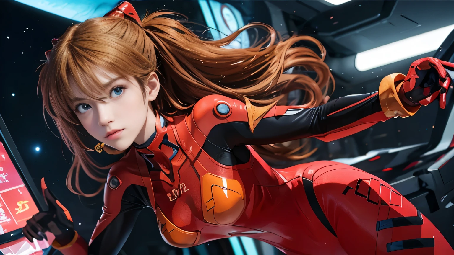 （俯瞰shape），Dynamic Angle，Dynamic pose，Very detailed，shape，Close up of，straight，1 girl huge big ，Soul Asuka Langley， （（Soryu Asuka Langley，Interface Headset，Red bodysuit：1.5，blonde）），彼女の目はdream-like星のように輝いていた，（Glowing Eyes：1.233），（Beautiful and delicate eyes：1.1），（Expressionless，Please keep your mouth shut），（stand），（Machine room with tools and spaceship windows on a white spaceship），（night：1.2），dream-like， [[Thin fingers and hands：0.55]：：0.85]，（Finger details），,Perfect body,(lie:1.3)