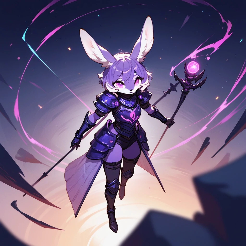 Jackalope woman, armor, purple black and fuchsia, glowing, short hair, furry, stars above (score_9,score_8_up,score_7_up,score_6_up,score_5_up,score_4_up)