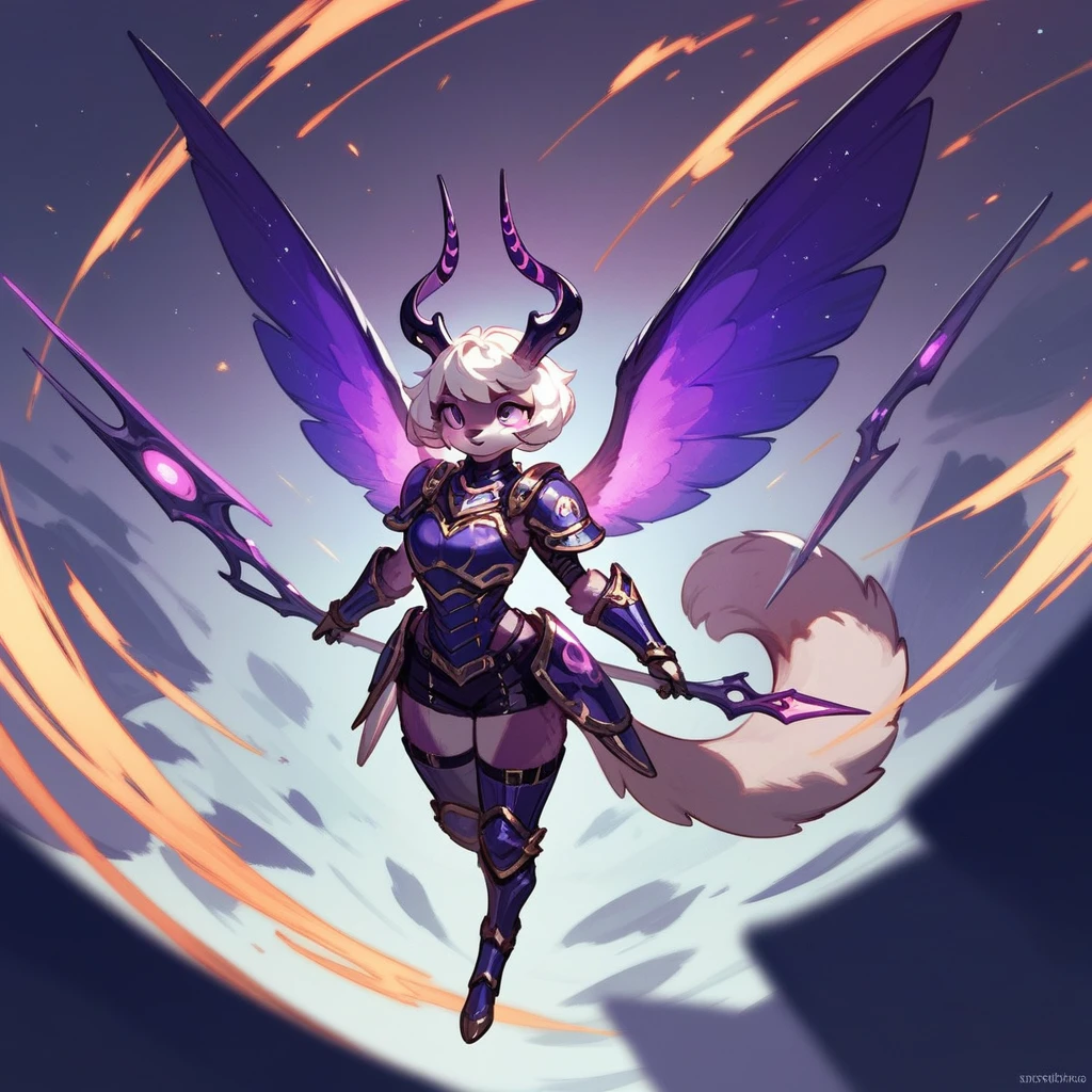 Jackalope woman, armor, purple black and fuchsia, glowing, short hair, furry, stars above (score_9,score_8_up,score_7_up,score_6_up,score_5_up,score_4_up)