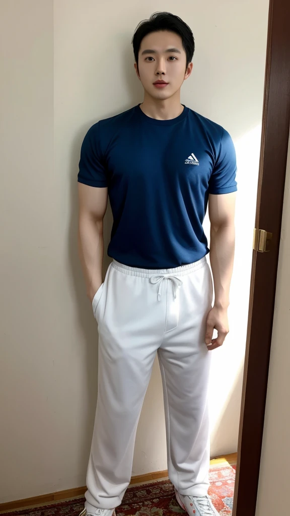 Korean man, Inspiration from Peng Yuyan, 30 years old, 236 years old, Cute Korean Face, 35 yo, 33 year old Korean muscular man,The gym is in the back.