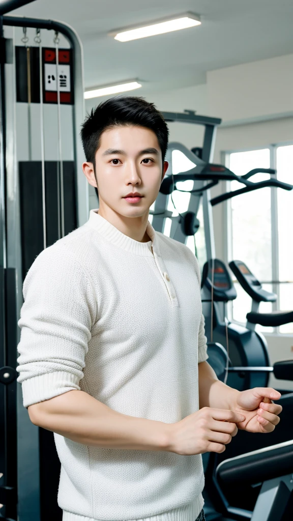Korean man, Inspiration from Peng Yuyan, 30 years old, 236 years old, Cute Korean Face, 35 yo, 33 year old Korean muscular man,The gym is in the back.