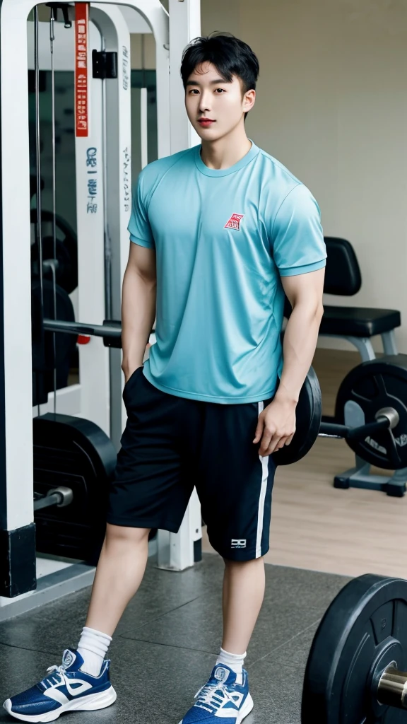 Korean man, Inspiration from Peng Yuyan, 30 years old, 236 years old, Cute Korean Face, 35 yo, 33 year old Korean muscular man，The gym is in the back.