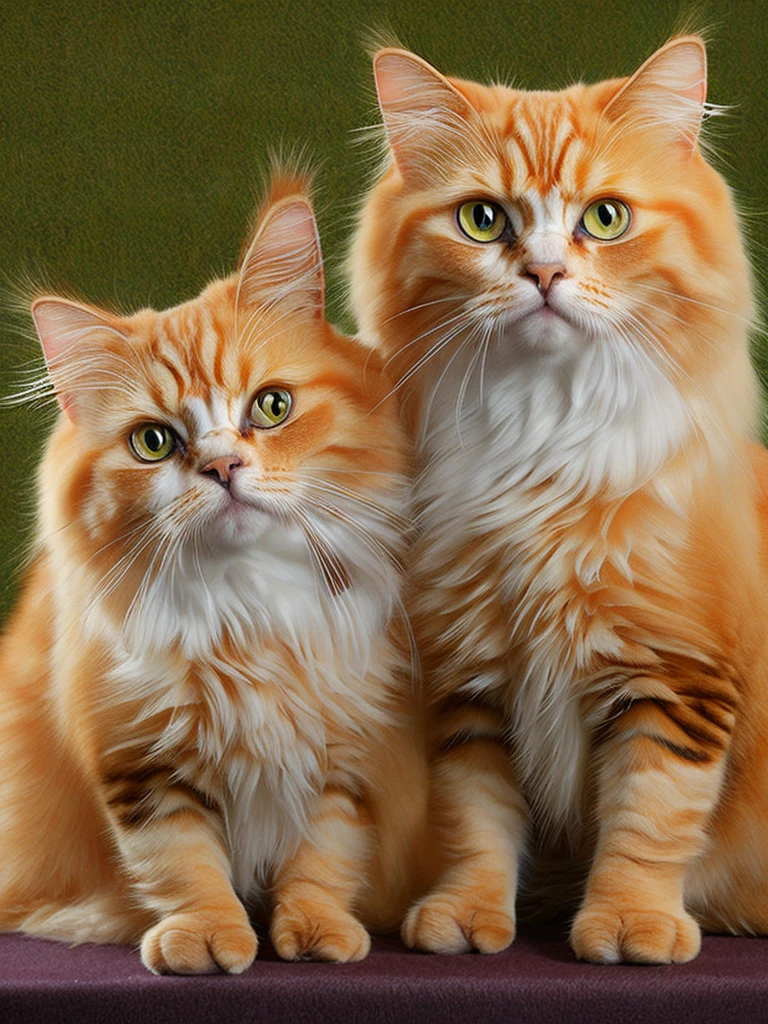 a pair of persian cats with thick long orange fur, wearing clothes with "queency" and "cherry" text, detailed feline facial features, cute cat poses, highly detailed, photorealistic, 8K, award winning,masterpiece,vibrant colors,studio lighting, dynamic composition