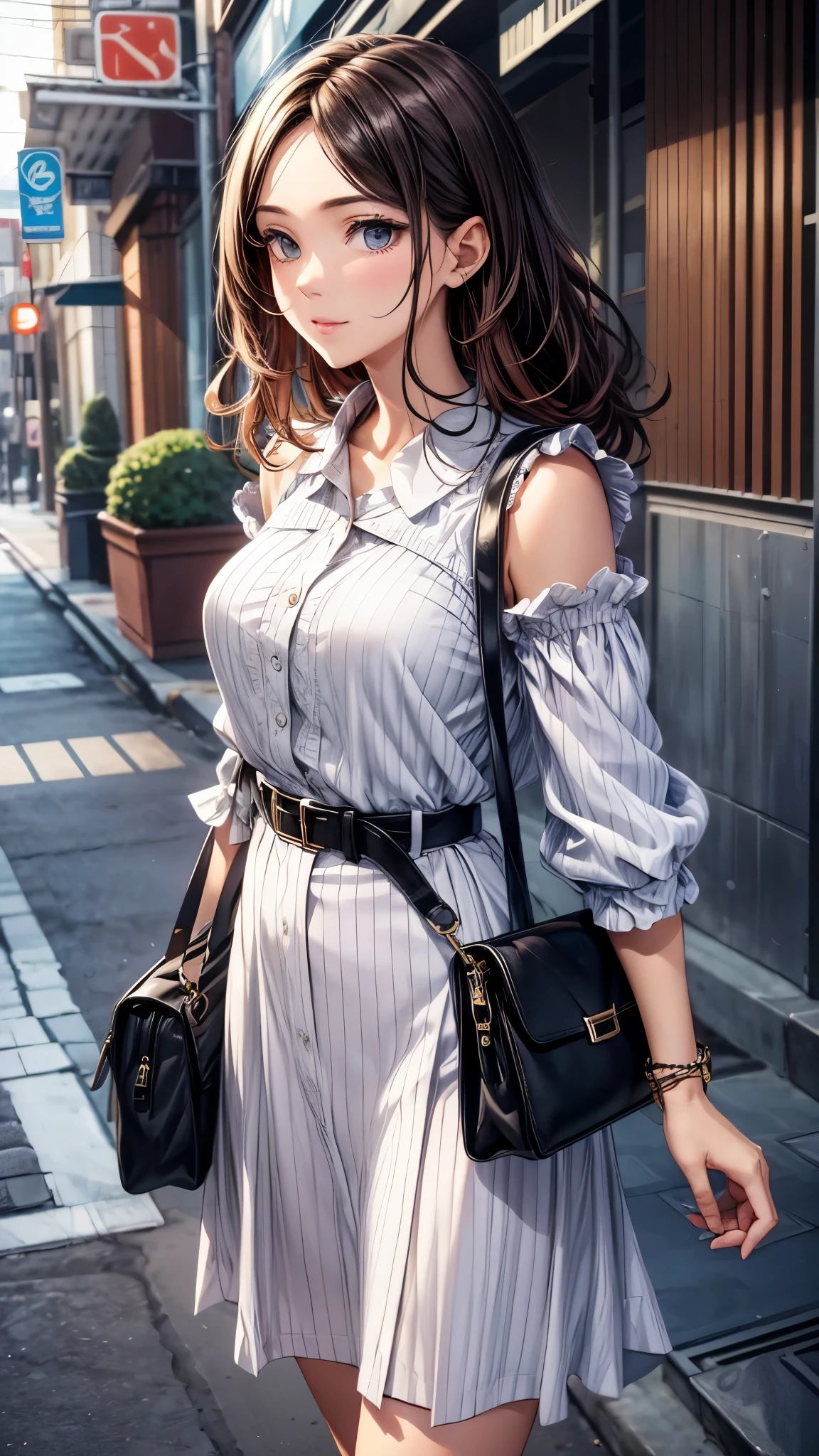 very cute and beautiful girl,(highly detailed beautiful face),
(smile:1.2),happy,embarrassed,looking at viewer,(argyle pattern sweater),cowboy shot,(white and pink plaid skirt),
standing in front of hotel entrance in modern capital city,night,holding tote bag,black hair,low ponytail,
(best quality,masterpiece),absurdres,highres,ultra-detailed,extremely detailed,32k,8k resolution,
intricate details,cinematic scene,detailed background,solo,dynamic angle,
