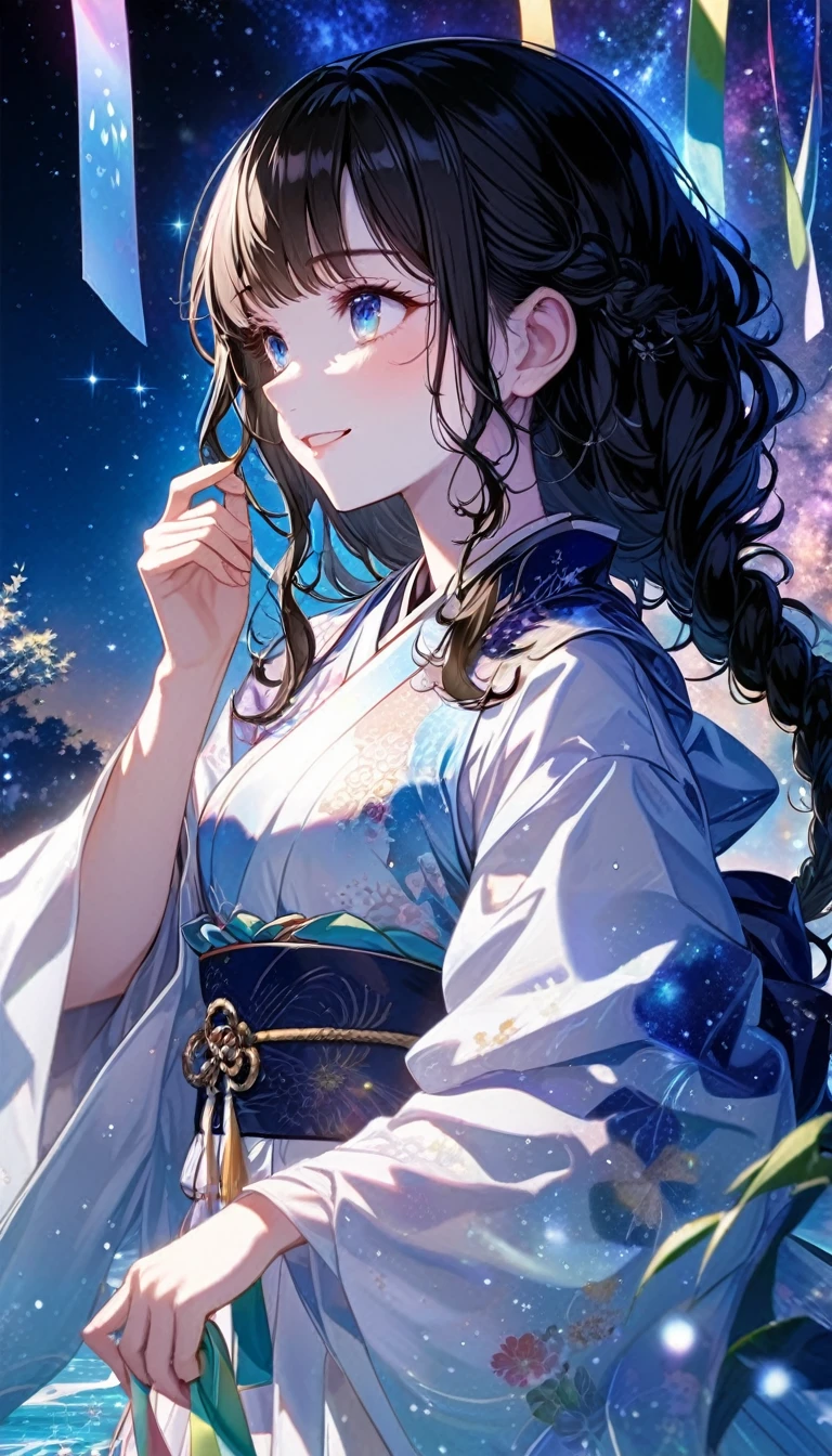 Tanabata, milky way, girl looking up at a sky full of stars, a beautiful detaiextremely detailed character, contour deepening beautiful detailed glow, beautiful detailed glow, grabbing, , 1girl, long hair, wavy hair, bangs single braid, black hair, gradient hair, beautiful face,smile, delicate hands, small_breasts, blue eyes, white skin, japanese_clothes, Exquisite cloth, nebula, detailed ice, flowing water, wallpaper 8k CG, profile