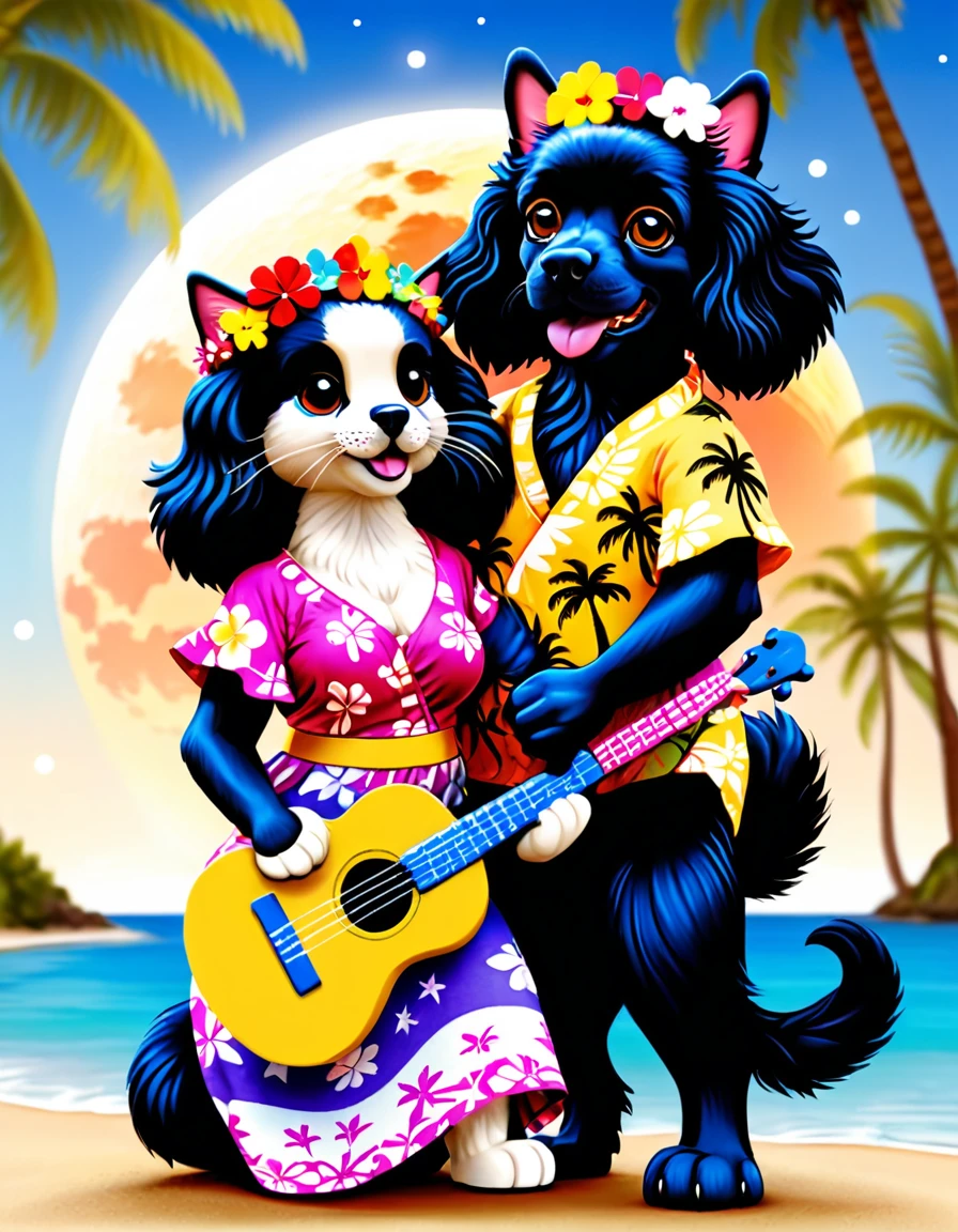 3DCG, cute and fluffy anthropomorphic animal couple in Hawaiian setting. Cat flamenco dancer and black American Cocker Spaniel ukulele player cuddling. Cat has soft fur, wears colorful muumuu and flower crown. Dog has long floppy ears, fluffy coat, wearing aloha shirt, holding ukulele. Both have adorable large eyes, happy expressions, gazing lovingly at each other. Background: 3D rendered large full moon, soft flowing clouds. Below, shimmering ocean surface with moonlit ripples. Palm tree silhouettes on shore. Warm color palette, soft lighting, romantic and dreamy atmosphere. Detailed fur textures and fabric renderings emphasizing fluffy, cuddly appearance."