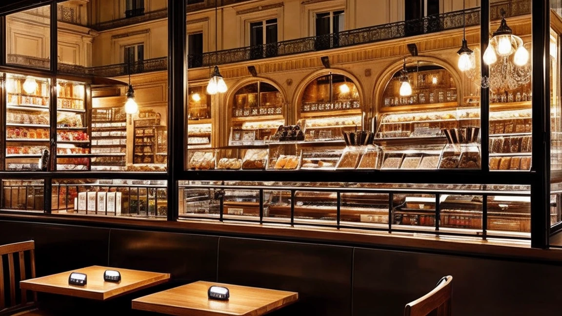 a cozy night time at a Parisian coffe shop interior with cozy lighting and sweets in the shelves. There are tables and coffee cups in the tables. There is a big window in the middle of the coffees hop and the outside view is this eiffel tower