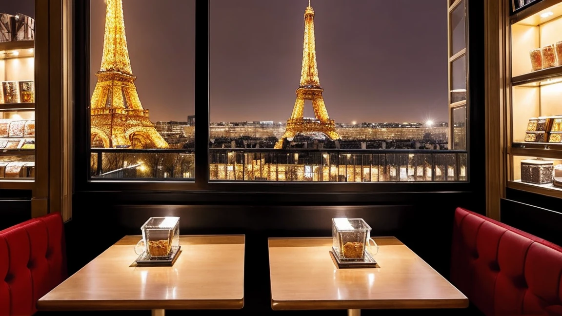 a cozy night time at a Parisian coffe shop interior with cozy lighting and sweets in the shelves. There are tables and coffee cups in the tables. There is a big window in the middle of the coffees hop and the outside view is this eiffel tower
