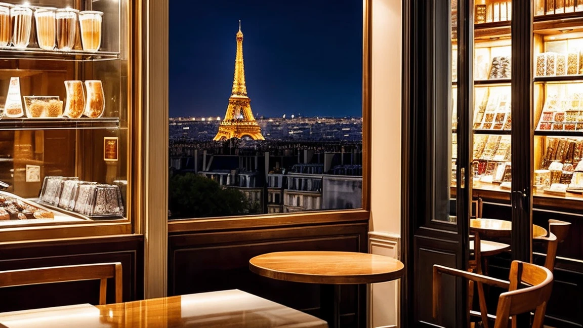 a cozy night time at a Parisian coffe shop interior with cozy lighting and sweets in the shelves. There are tables and coffee cups in the tables. There is a big window in the middle of the coffees hop and the outside view is this eiffel tower