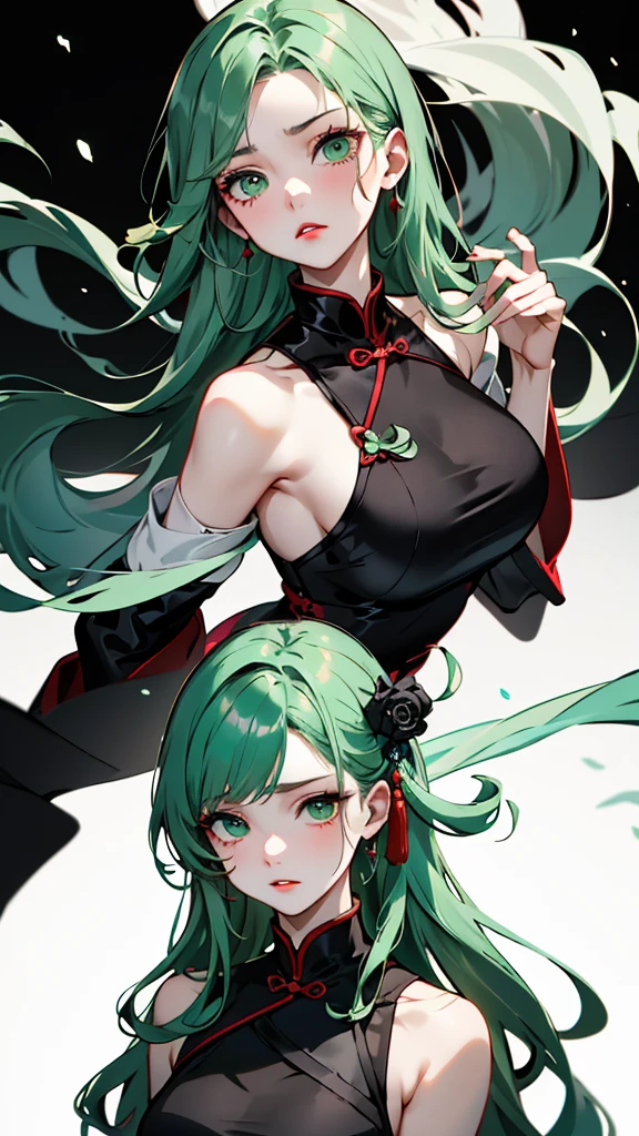 Masterpiece, Best quality, 1 Female, Mature Woman, Elder Sister, young girl, Royal Sister, the expression is sad, strong, green eyes, long hair, smoky mix green color hair, resolute eyes, red lips, simple black and white chinese dress, Chinese mix morden, frontal photo, black or white background, simple background, anime, illustration, Cinema Lighting,Professional Photographer