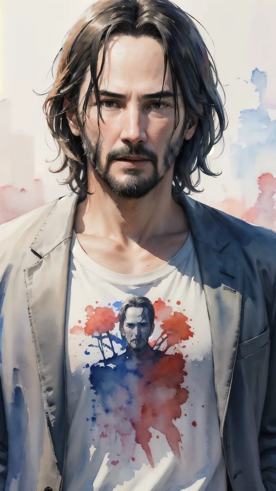 (masterpiece:1.2, Highest quality),8K,wallpaper,((watercolor)),Middle-aged man painting,Keanu Reeves,John Wick style,Upper body close-up,front,Jacket,T-Shirts,Detailed face,,Cool guy