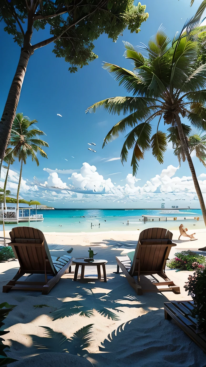 The midday sun shines、The sea turns a clear emerald green.。The white sandy beach spreads、Shells and crabs are scattered around。You can see the coral reef in the distance、Colorful fish swimming around。Beach chairs in the shade of palm trees、Someone relaxing