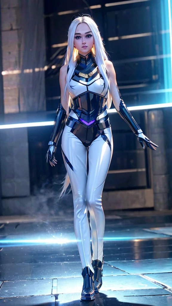 1girl, ultra realistic, ultra crisp, NVIDIA RTX, unreal engine, perfect slim body, realistic face, perfect face, realistic body, ultra skin details, ultra skin reflection details, white hair, hair blown with strong winds, hyper lights rendering, ultra details, glowing eyes:1.2, purple eyes, blush, parted lips, cybernetic ear, cinematic lights, glowing cybernetic metalic hands:1.3, glowing cybernetic metalic legs:1.3, luminous cybernetic futuristic metalic mechanical body:1.3, backdrop of natural lights, ultra realistic lights reflection details, ((full body shown)), from below, posing in the middle.