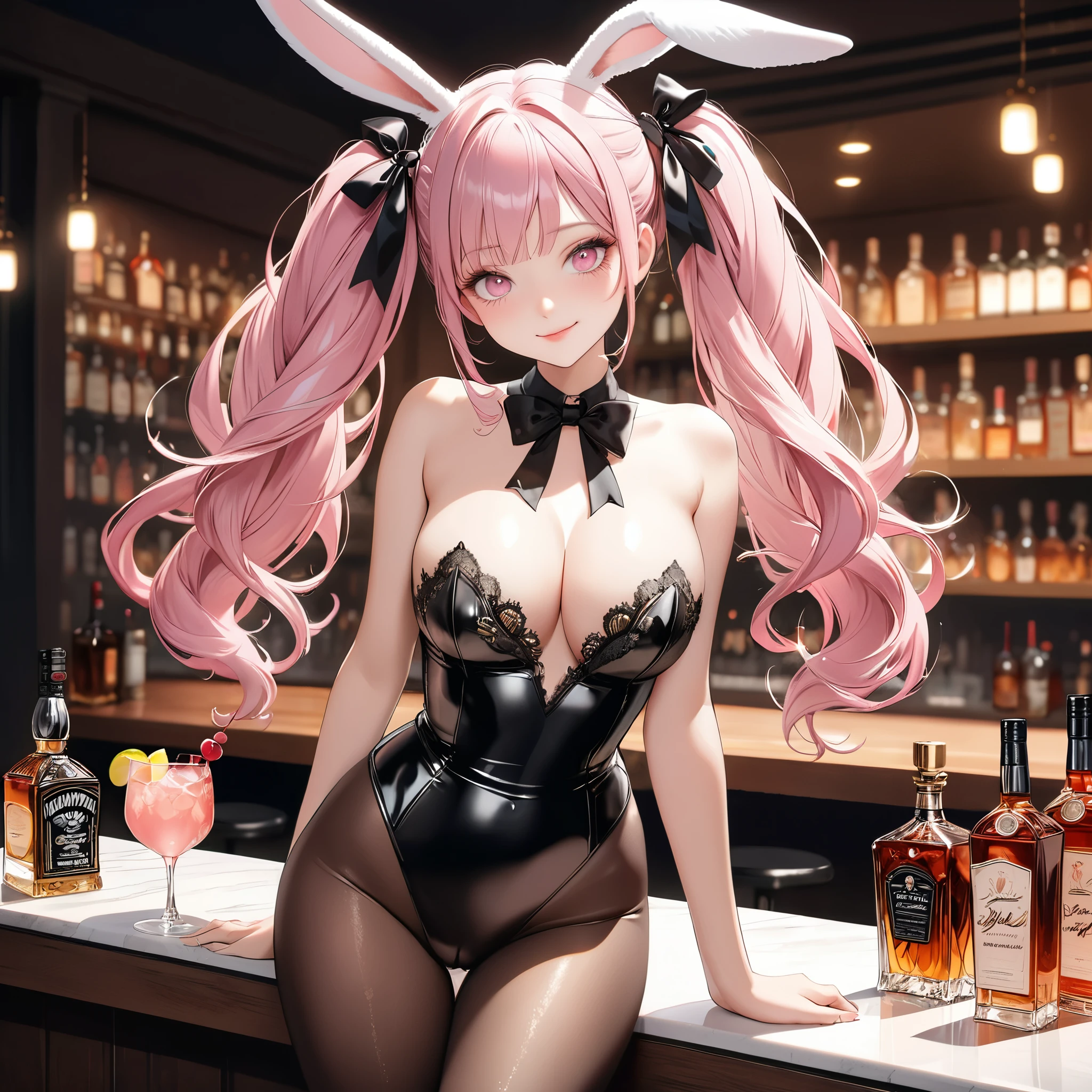 (8K, masutepiece, Best Quality, Official art, Breathtaking beauty and aesthetics, A highly Beautiful detailed, beautiful lighting, The best masterpiece in history that exceeds limits:1.2), (1 Girl, Solo), (), (Beautiful detailed face), (shiny white skin), (Beautiful big bust, cleavage:1.3hs, black pantyhose:1.2), (Beal detailed pastel pink twin tails hair, Bangs:1.3), (beautiful detailed droopin pink eyes:1.5), (Beautiful detailed cute black playboy bunny costume, bl-through intricate lace, black bow ribbon, rabbit ears:1.3), (happy smile:1.2), (Attractive, sensational, Look at the camera, cute pose, standing), breathtaking scenery, (ultra detailed realistic beautiful bar counter, glass, Liquor, Cocktail, Wine:1.2),