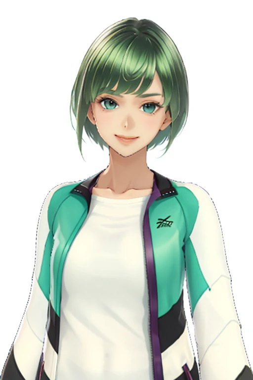 green hair,Emerald hair,short hair,short hair,bright face,upper body up,chest up,business woman,intellectual,smile,jacket,white shirt ,big bangs,beautiful bangs, laughter,drooling eyes, alone,Flow of hair that extends to the face,Big light blue eyes shine charmingly,green one piece,eyeliner,Shining white skin,