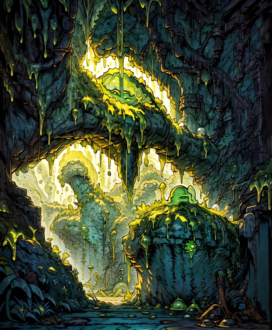 A stunning 3D scene，Inside a dark cave，On the left side of the rock wall are carved various symbols，There is glowing moss on the rock wall on the right side of the middle, emitting a yellow-green glow.。
