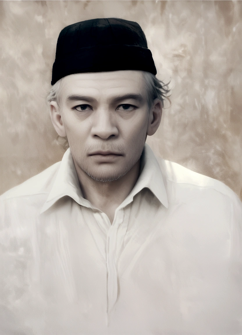 arafed portrait of a man with a black hat and white shirt,