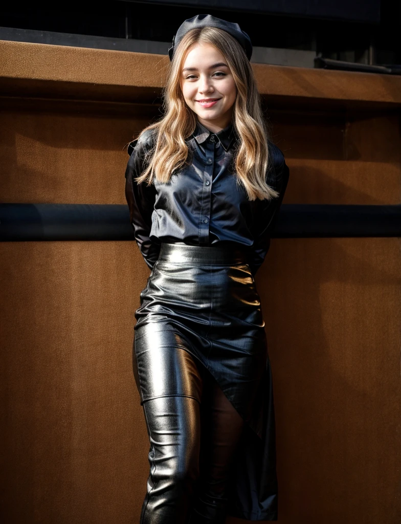 Sabrina Carpenter, sexy shiny tight satin shirt, long patterned skirt,smiling, 