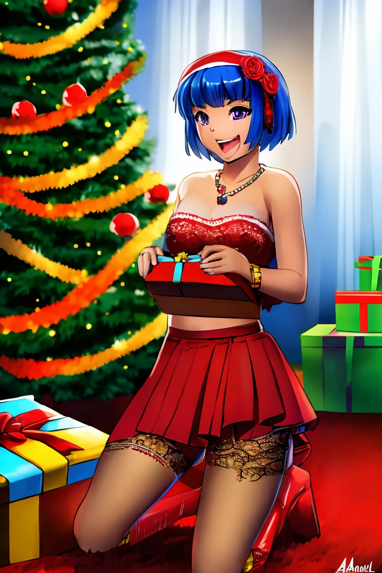 1 Girl, Bangs, Blue Hair, bow, Box, bracelet, Christmas, Christmas tree, Cowboy shooting, skirt, earrings, Fishing Net, flower, Gift, Gift Box, Hair accessories, Hamel, Jewelry, Looking at the audience, Colorful hair, necklace, Pantyhose, Open your mouth, Purple Eyes, red skirt, Ribbon, Rose, short hair, Smile, Solitary, High Leg Raise