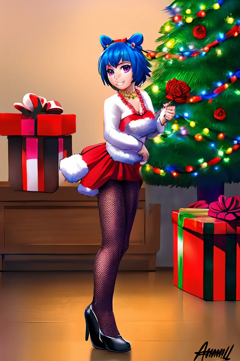 1 Girl, Bangs, Blue Hair, bow, Box, bracelet, Christmas, Christmas tree, Cowboy shooting, skirt, earrings, Fishing Net, flower, Gift, Gift Box, Hair accessories, Hamel, Jewelry, Looking at the audience, Colorful hair, necklace, Pantyhose, Open your mouth, Purple Eyes, red skirt, Ribbon, Rose, short hair, Smile, Solitary, High Leg Raise