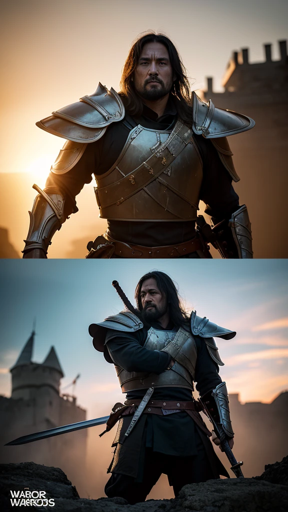 1. **Choosing a heroic pose**:
- 「A warrior standing bravely on the battlefield、Or capture the moment when a sword or spear is ready.。」
2. **A majestic angle**:
- 「The warlord was photographed from an angle looking up at him from below.、Emphasizes intimidation and strength。」
3. **Use of light**:
- 「Using the golden hour light of the evening and morning、Highlighting the details of the warlords。Backlighting emphasizes the silhouette、Create a dramatic effect。」
4. **Background Selection**:
- 「Battlefield landscape and castle in the background、Add blue sky、Make the warriors stand out。」
5. **Equipment details**:
- 「The texture of the armor and weapons is depicted in detail.、Gives a sense of realism and solidity。」
6. **Filters and Editing**:
- 「Use filters to adjust color and contrast、Make your images more appealing。特にシャープネスを上げてHighlighting the details of the warlords。」