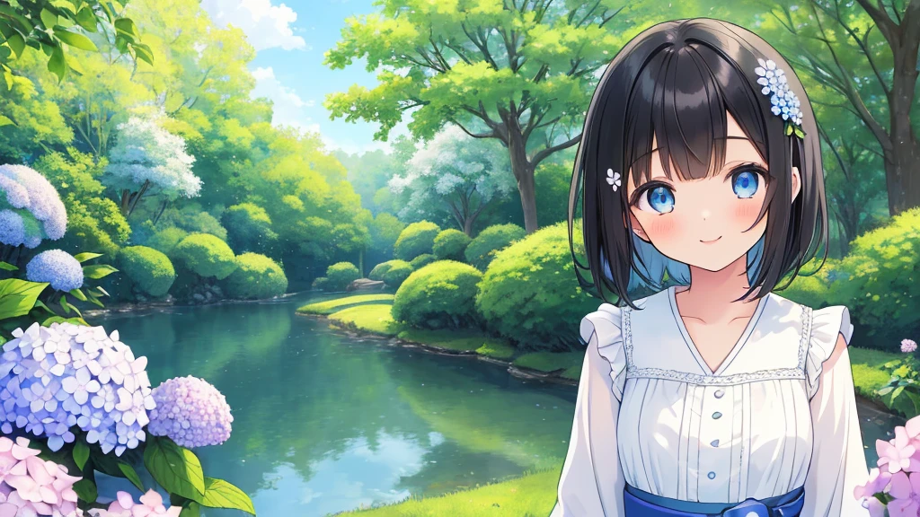 ((Masterpiece)), ((top quality)), very detailed, animated style illustration, Japanese style garden, 1girl, cute girl, solo, upper body, upper body focus, in the middle, white sundress, (beautiful eyes), beautiful black hair, short hair, flower hair ornament, blue eyes, slim, slender, (smile:1.2), Hydrangea in background, A soft and gentle anime illustration with pastel colors, featuring a -yeld giwith short black hair adorned with a small flower hair ornament and blue eyes. The artwork should have a fluffy and delicate style, capturing the youth and innocence of the girl. The pastel color scheme adds to the gentle and serene atmosphere of the illustration, emphasizing the girl's youthful and innocent appearance.