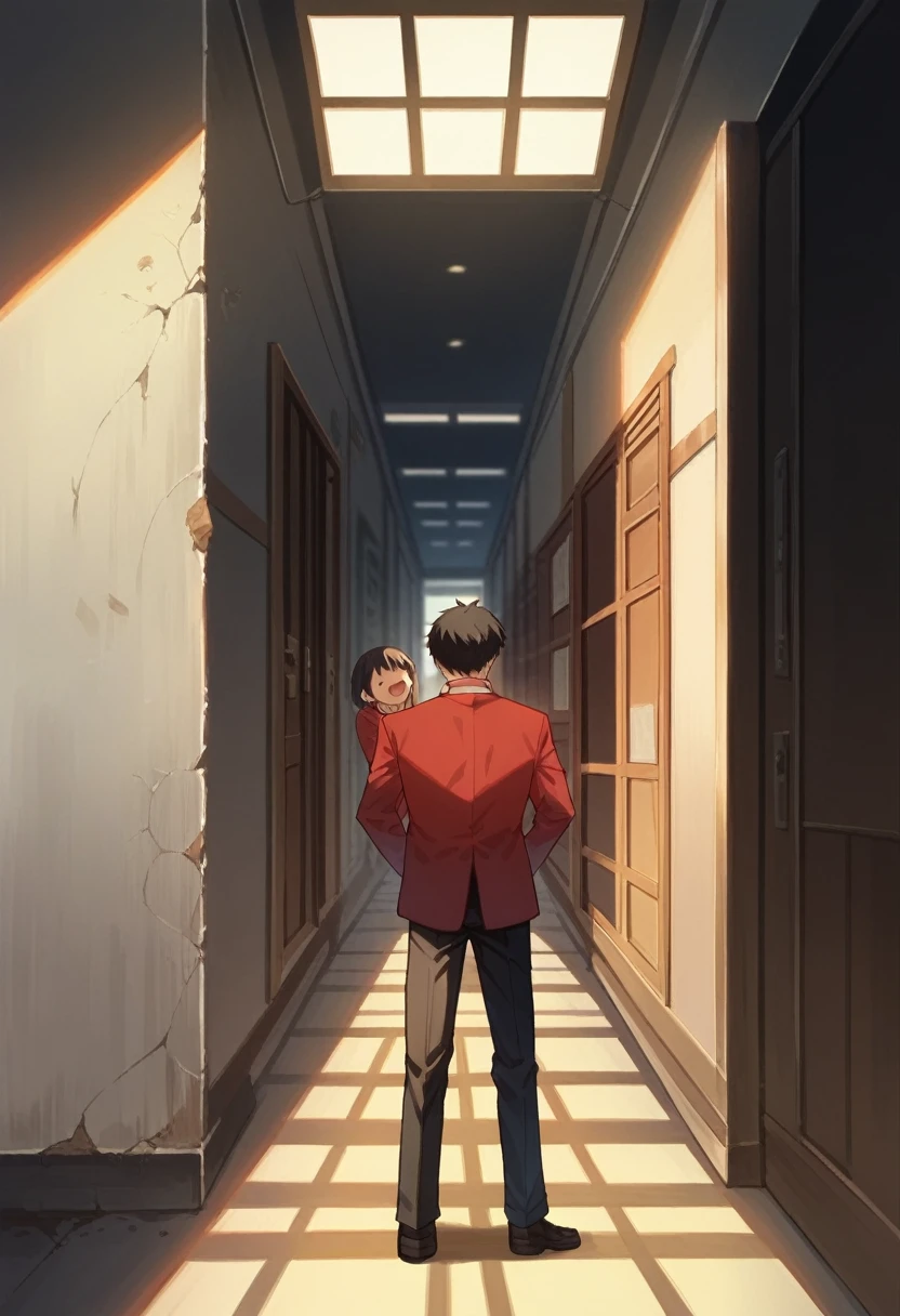 score_9, score_8_superior, score_7_superior, score_6_superior, sauce_anime, Break 1 Boy, Solosen1rare, Black Hair, , Red Blazer, tie, Black trousers, View your viewers, Happy, superiorper body, corridor, School building