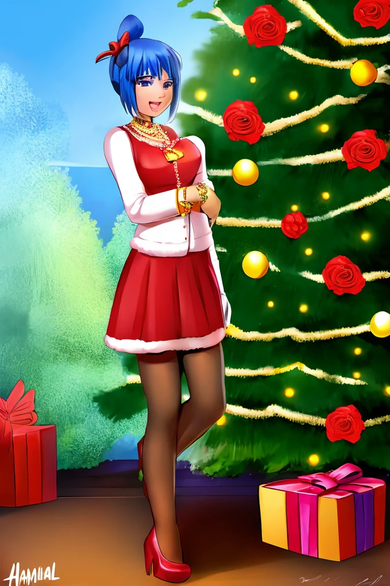 1 Girl, Bangs, Blue Hair, bow, Box, bracelet, Christmas, Christmas tree, Cowboy shooting, skirt, earrings, Fishing Net, flower, Gift, Gift Box, Hair accessories, Hamel, Jewelry, Looking at the audience, Colorful hair, necklace, Pantyhose, Open your mouth, Purple Eyes, red skirt, Ribbon, Rose, short hair, Smile, Solitary, High Leg Raise