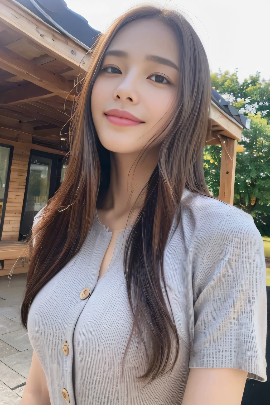 seed:2020674263.((Full body angle:1.1)).((Highest quality, 8K, masterpiece:1.3)), ((from below:1.1)).concentrated:1.2, Perfect body beauty:1.4, Hips:1.2, ((Delicate Hair)), (Colorful button-through crop shirt :1.1) , ((Highest quality、、masterpiece:1.3))、1 Girl、A sloppy smile、Esbian all over、Slim face、Big Boobs、Beautiful woman、(Dark Brown Hair)、Long Hair、1、Flickering Valley、Detailed eyes、double eyelid、Blurred Background、超Slim face、Smile、Looking down、stroll、
