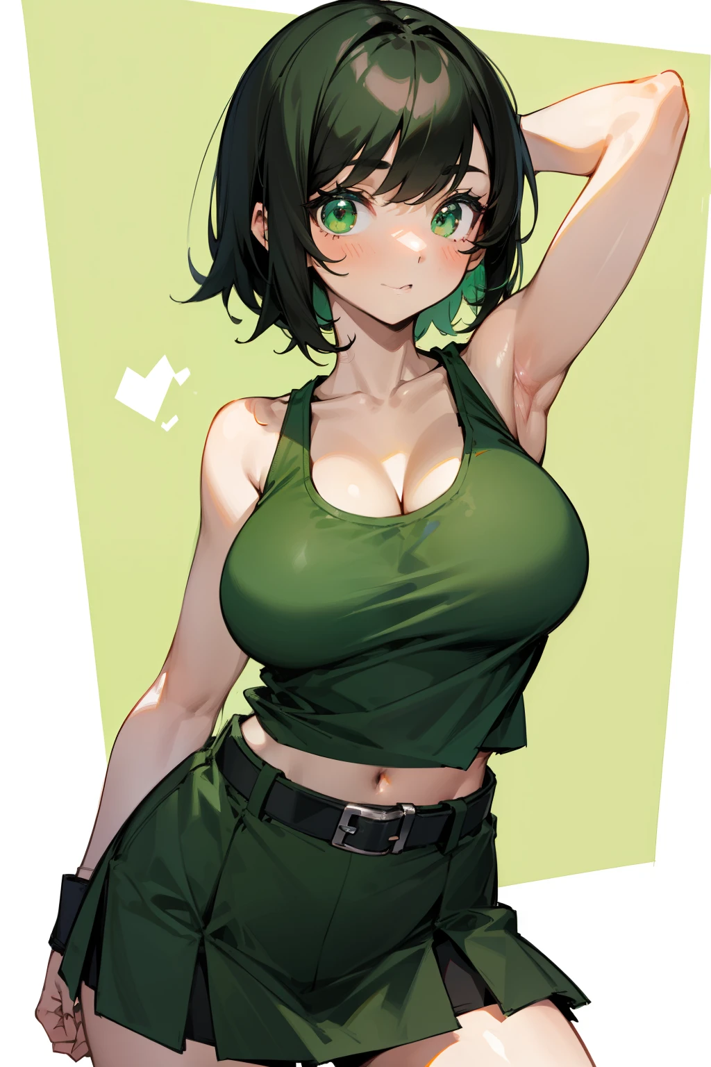Cute girl, short black hair, green eyes, green tank top, wide black belt, short green skirt, big breasts