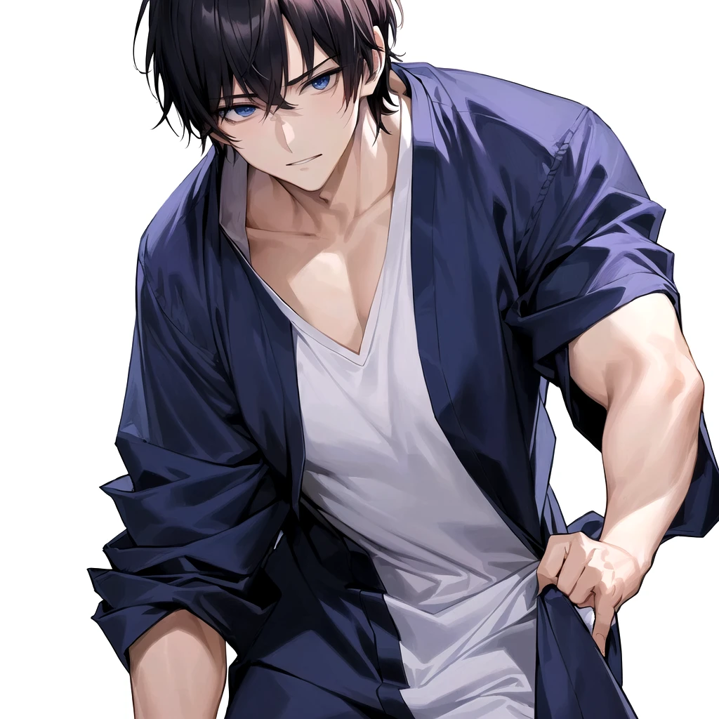 a close up of a person with a shirt on and a shirt on, handsome anime pose, anime handsome man, manga style of kentaro miura, handsome japanese demon boy, sui ishida art manga, kentaro miura manga style, muscular!!, kentaro miura manga art style, tall anime guy with blue eyes, yaoi, oppai, man, boy, sex, He is feeling flushed, ikemen, missionary position sex, he is sexy