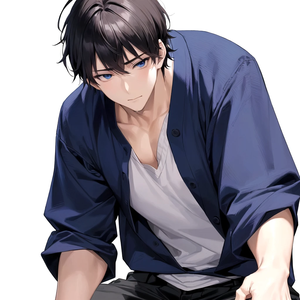 a close up of a person with a shirt on and a shirt on, handsome anime pose, anime handsome man, manga style of kentaro miura, handsome japanese demon boy, sui ishida art manga, kentaro miura manga style, muscular!!, kentaro miura manga art style, tall anime guy with blue eyes, yaoi, oppai, man, boy, sex, He is feeling flushed, ikemen, missionary position sex, he is sexy