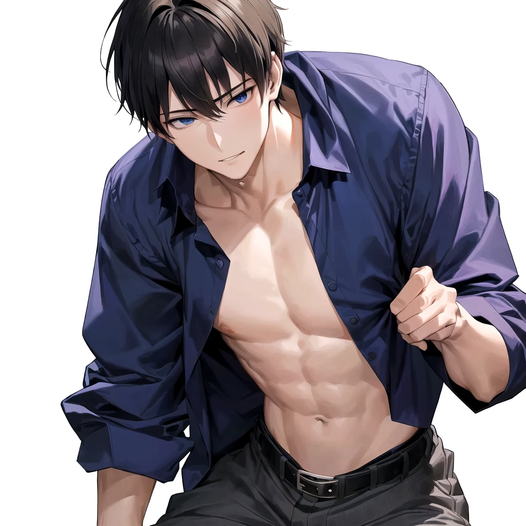 a close up of a person with a shirt on and a shirt on, handsome anime pose, anime handsome man, manga style of kentaro miura, handsome japanese demon boy, sui ishida art manga, kentaro miura manga style, muscular!!, kentaro miura manga art style, tall anime guy with blue eyes, yaoi, oppai, man, boy, sex, He is feeling flushed, ikemen, missionary position sex, he is sexy
