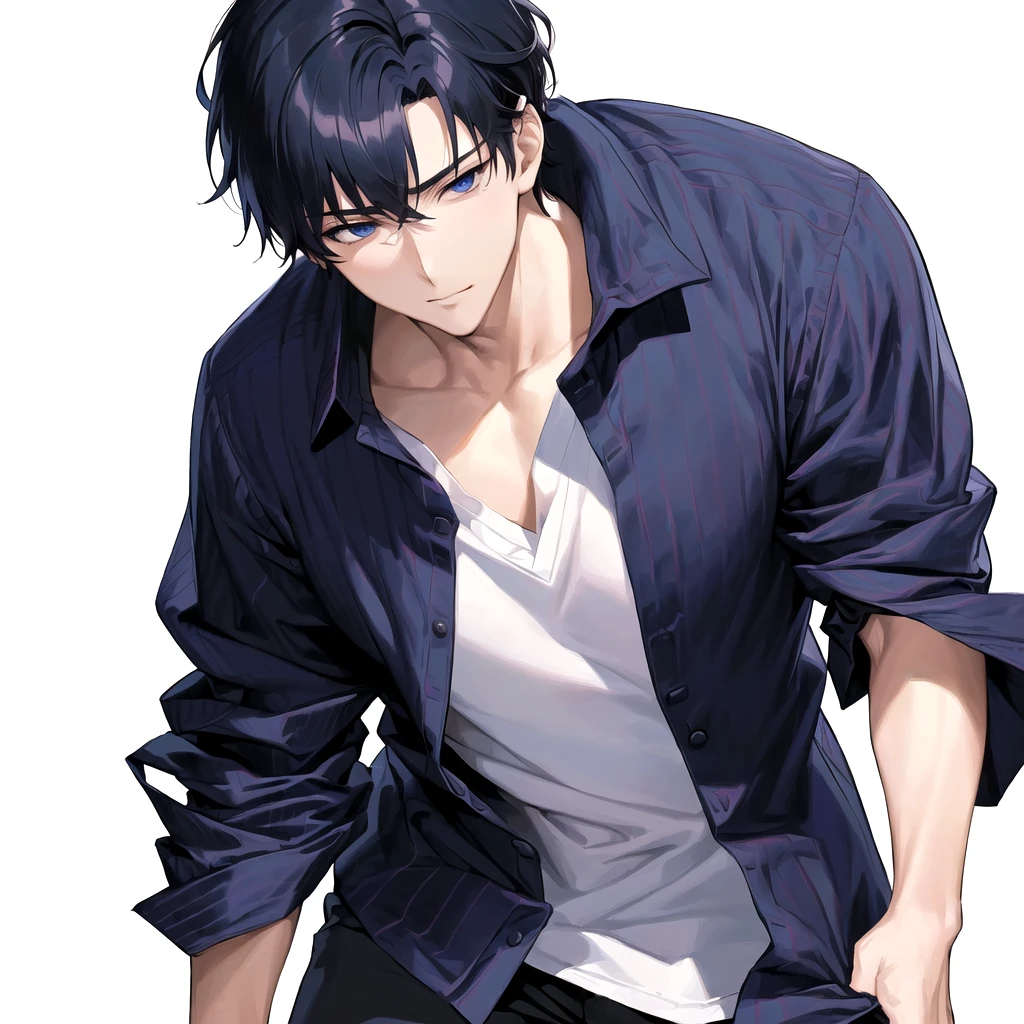 a close up of a person with a shirt on and a shirt on, handsome anime pose, anime handsome man, manga style of kentaro miura, handsome japanese demon boy, sui ishida art manga, kentaro miura manga style, muscular!!, kentaro miura manga art style, tall anime guy with blue eyes, yaoi, oppai, man, boy, sex, He is feeling flushed, ikemen, missionary position sex, he is sexy