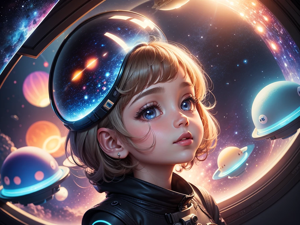cartoon illustration,facial details,cute,indoor,ufo,Space background,Galaxy,the outer space,Fantasy thoughts and fantasies