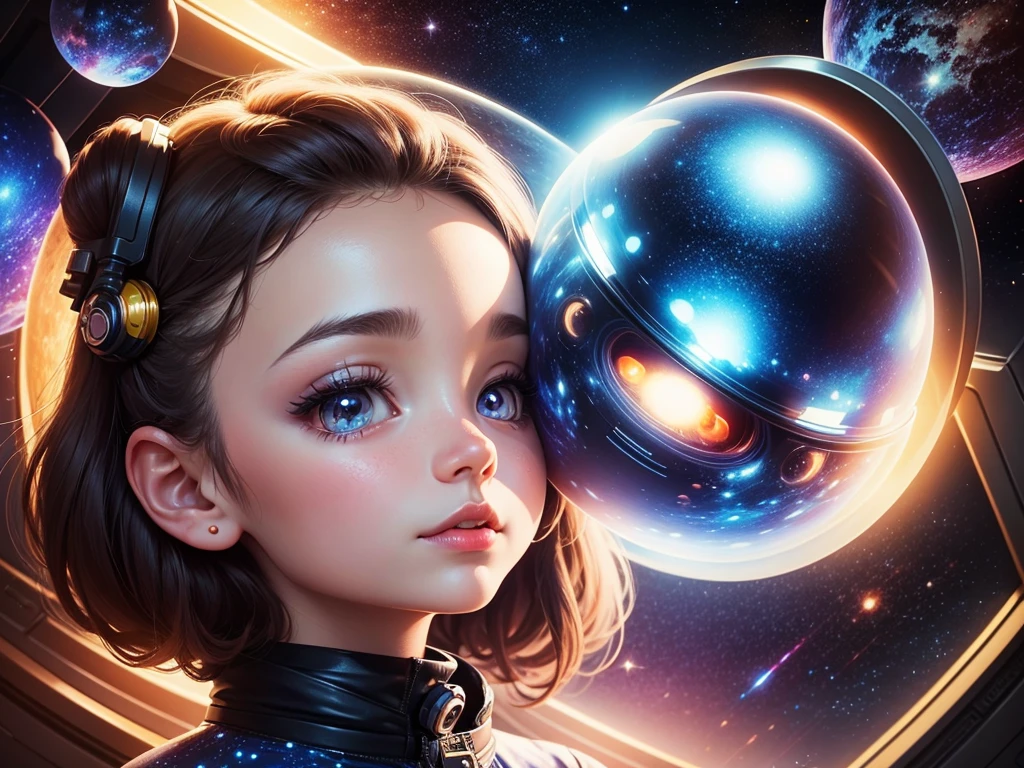 cartoon illustration,facial details,cute,indoor,ufo,Space background,Galaxy,the outer space,Fantasy thoughts and fantasies