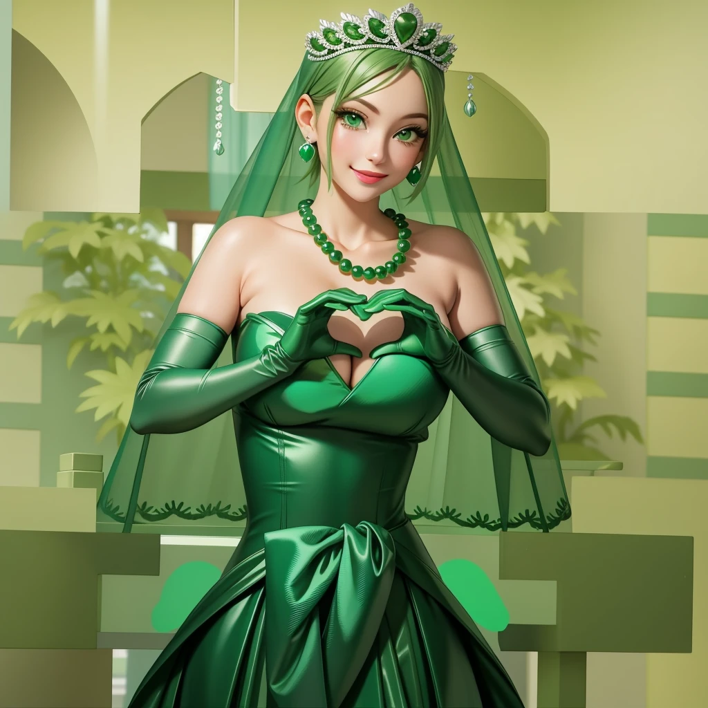 Emerald tiara, Green Pearl Necklace, ボーイッシュな非常に短いGreen Hair, Green Lips, Smiling Japanese woman, Very short hair, Busty beautiful lady, Green Eyes, Green satin long gloves, Green Eyes, Emerald Earrings, Green veil, Heart with both hands, Green Hair, Beautiful Japanese Women, Heart shaped hands:1.3, green lip gloss