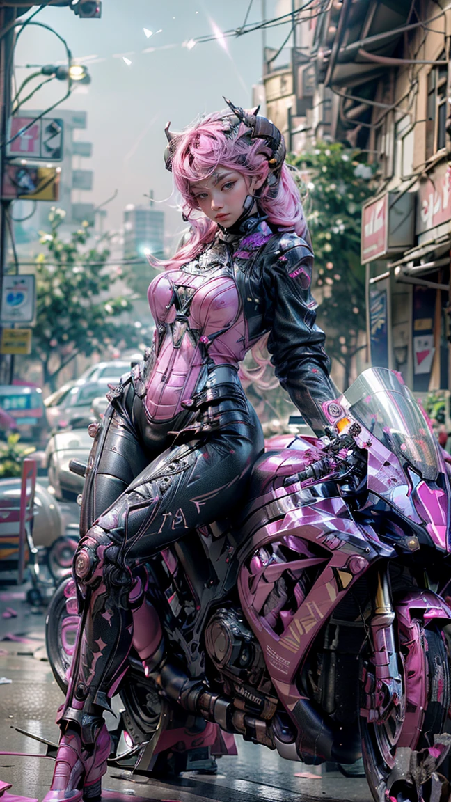 ((best quality)), ((masterpiece)), ((realistic)), (detailed), (photorealistic:1.5), (((succubus ))),((beautiful face, sharp face)), (thick body), (((pink bodysuit))), lights on armor, ((looking at viewer)), dynamic pose, post apocalyptic, destroyed city background, buildings on fire, science fiction, hdr, ray tracing, nvidia rtx, super-resolution, unreal 5, subsurface scattering, pbr texturing, post-processing, anisotropic filtering, depth of field, maximum clarity and sharpness, rule of thirds, 8k raw, (luminescent particles:1.4), (extremely detailed cg, unity 8k wallpaper, 3d, cinematic lighting, lens flare), reflections, sharp focus, cyberpunk art, cyberpunk architecture,((ride motorbike))