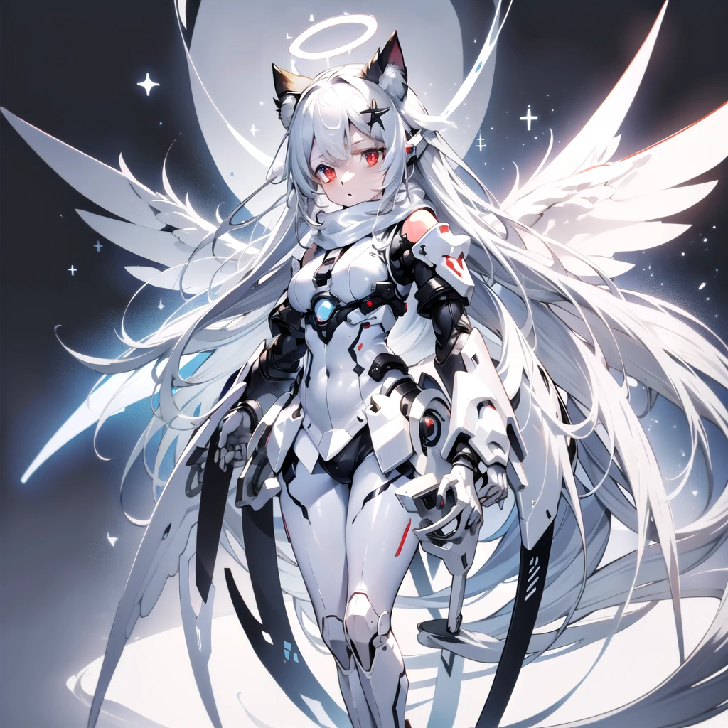masterpiece, highest quality, highest resolution, clear_image, detailed details, White hair, long hair, cat ears, 1 girl, red eyes, white pantyhose, sci-fi military clothing, white scarf (white scarf around the neckwith a light blue glow), gray futuristic halo (gray halo over the head), white wings (4 wings), cute, fulld body, no water marks, outer space