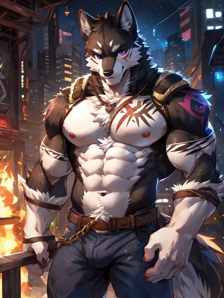 embedding:Black wolf，male, Purple eyes,Scar on the face, Single Person,black fur.The  and abdomen are white fur.A film actor,Daily wear,Daily life,Tattoo,Overbearing,Adult male,strong,Handsome,Confident,Young,Muscular,Tall,Best quality hands, best quality eye，detailed fur，Delicate eyes.Extreme picture quality，by sollyz,by zixiong,by null_ghost